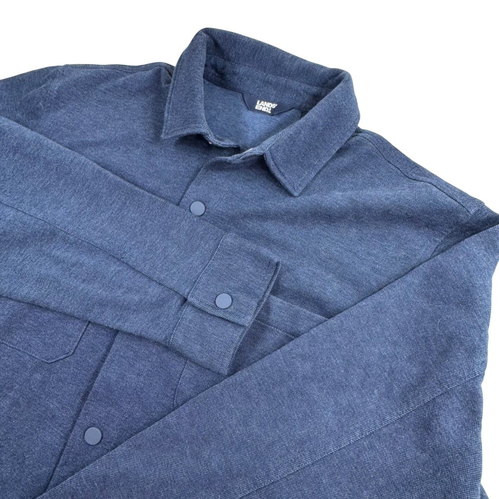 Lands End Snap Front Shacket Mens Large Blue Cotton Blend Textured Overshirt